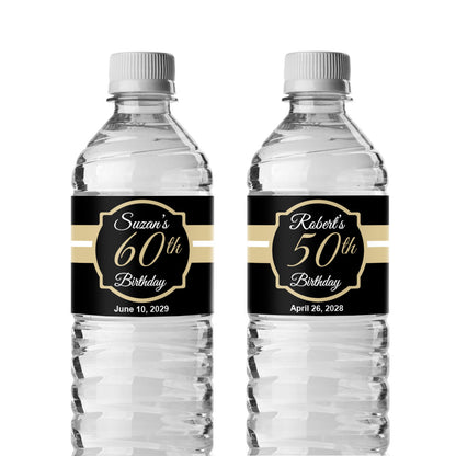 Black & Gold Birthday Personalized Water Bottle Labels (Set of 12)