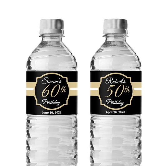 Black & Gold Birthday Personalized Water Bottle Labels (Set of 12)