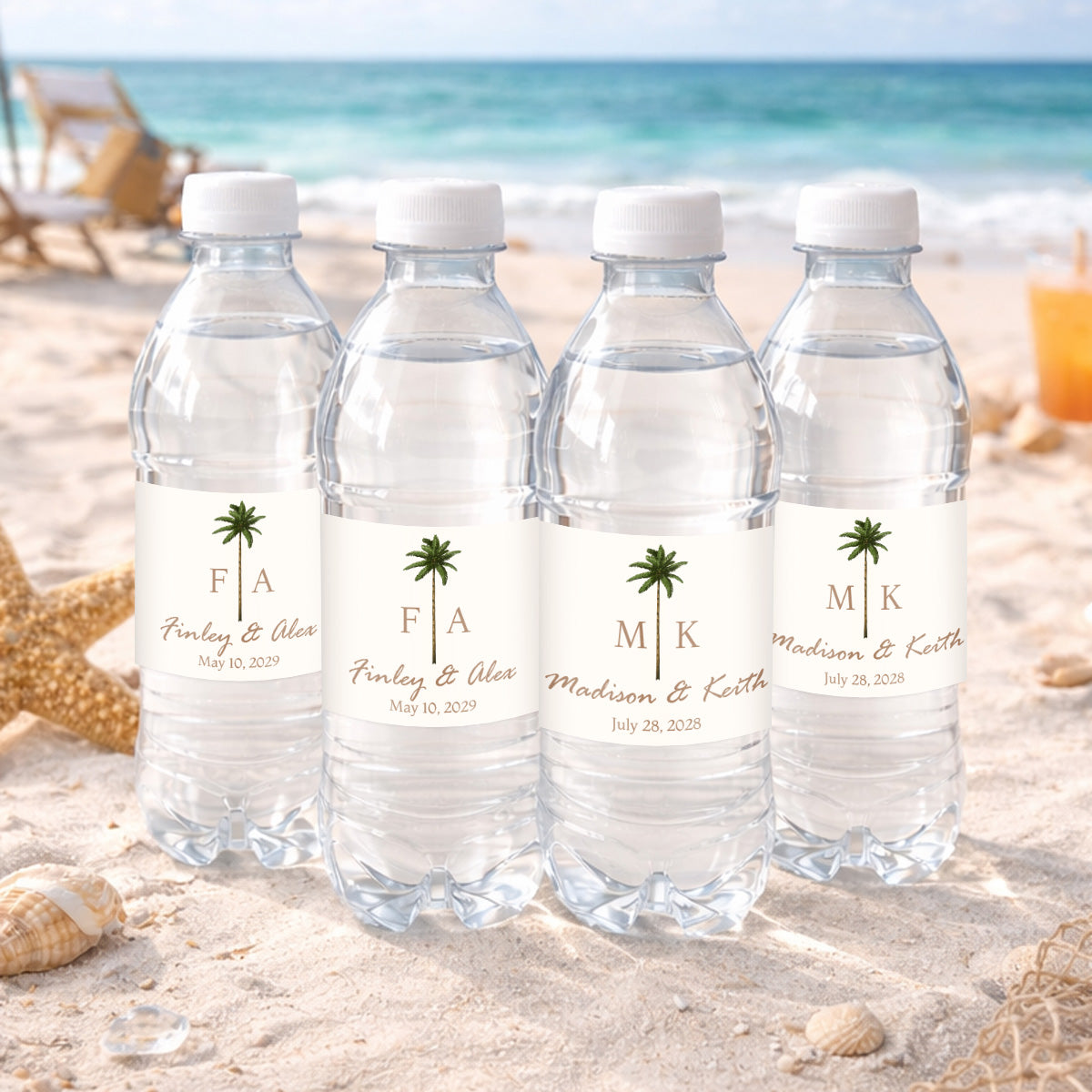 Palm Tree Monogram Personalized Water Bottle Labels (Set of 12)