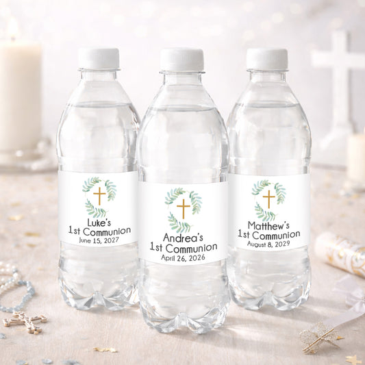 Botanical Greenery First Communion Personalized Water Bottle Labels (Set of 12)