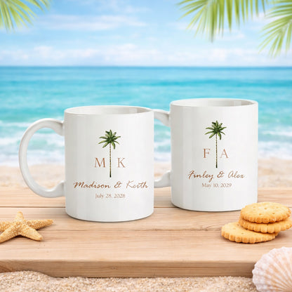 Palm Tree Monogram Personalized White Ceramic Coffee Mug (Set of 12)