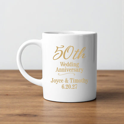 50th Anniversary Personalized White Ceramic Coffee Mug (Set of 12)