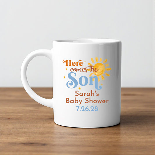 Here Comes The Son Personalized White Ceramic Coffee Mug (Set of 12)
