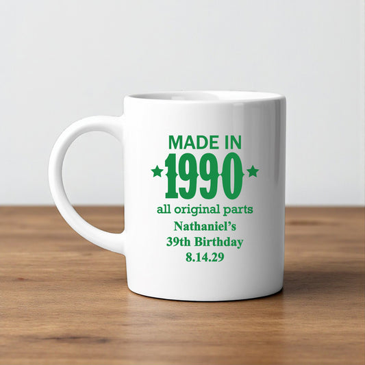 Made In Year All Original Parts Personalized White Ceramic Coffee Mug (Set of 12)