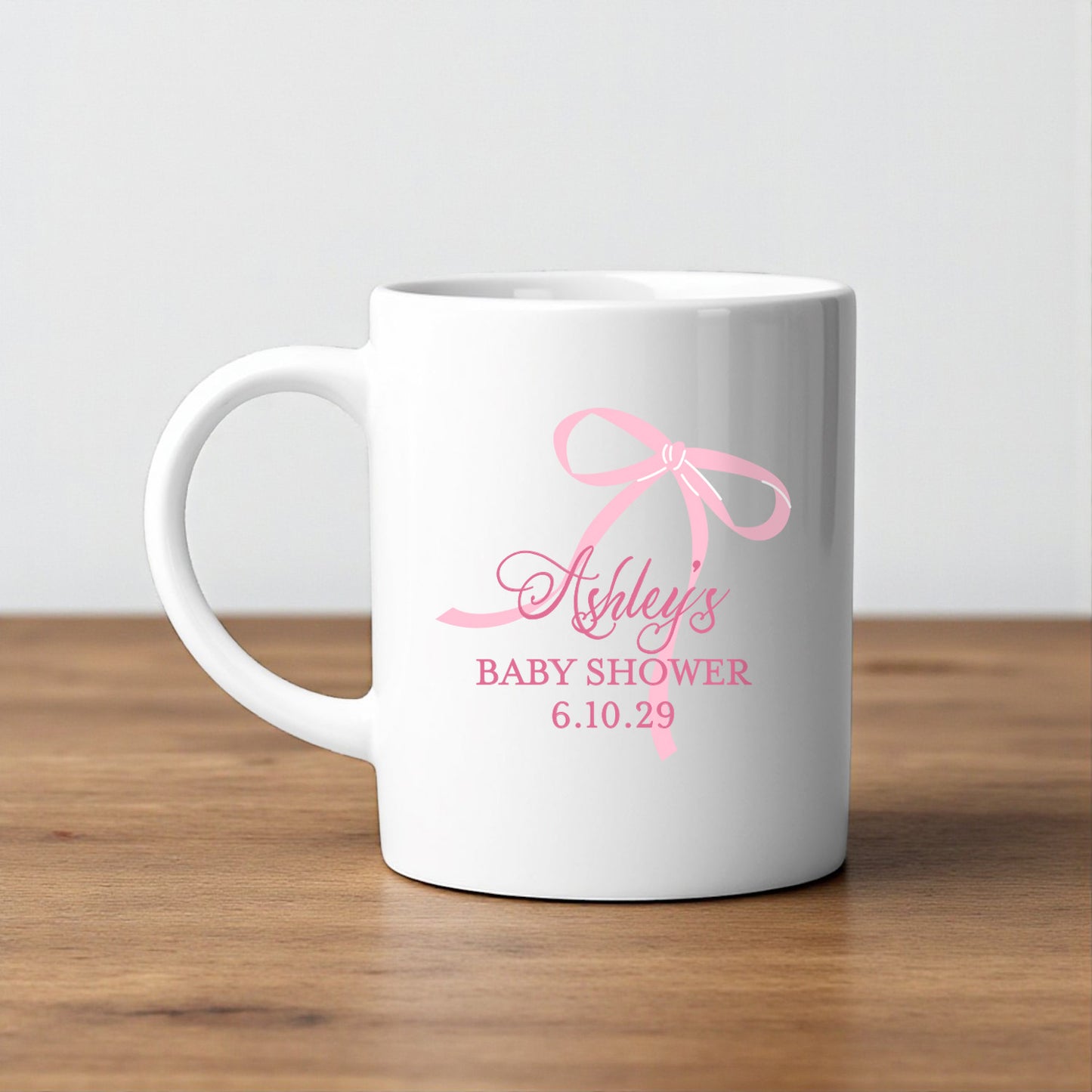 Pink Bow Baby Shower Personalized White Ceramic Coffee Mug (Set of 12)