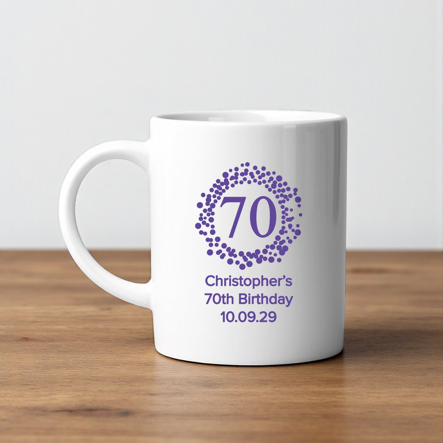 70th Birthday Personalized White Ceramic Coffee Mug (Set of 12)