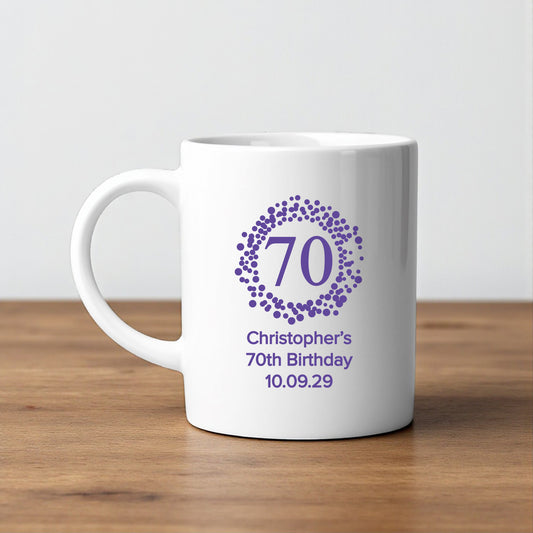 70th Birthday Personalized White Ceramic Coffee Mug (Set of 12)