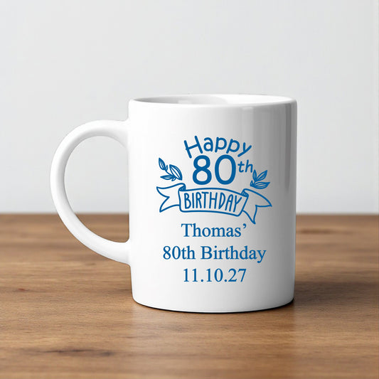 80th Birthday Personalized White Ceramic Coffee Mug (Set of 12)