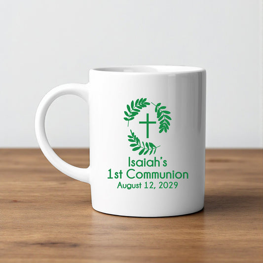 Botanical Greenery First Communion Personalized White Ceramic Coffee Mug (Set of 12)