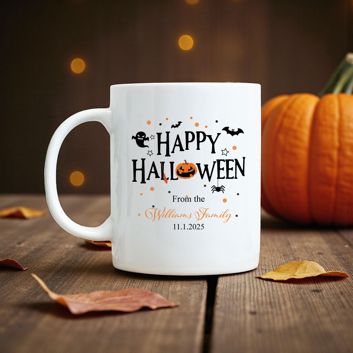 Happy Halloween Personalized White Ceramic Coffee Mug (Set of 12)