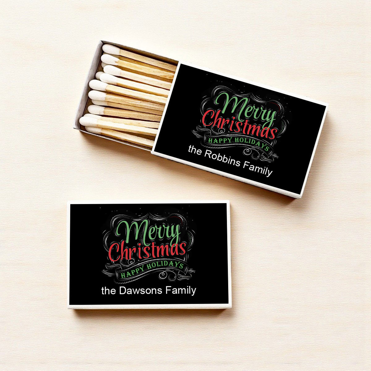 Merry Christmas Happy Holidays Personalized Matches (Set of 50)