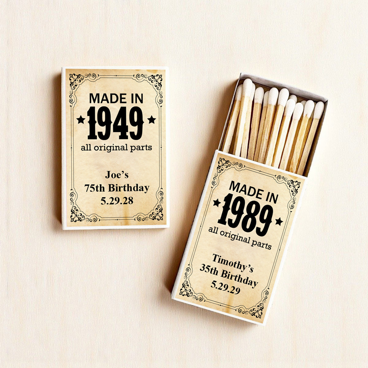 Made In Year All Original Parts Personalized Matches (Set of 50)