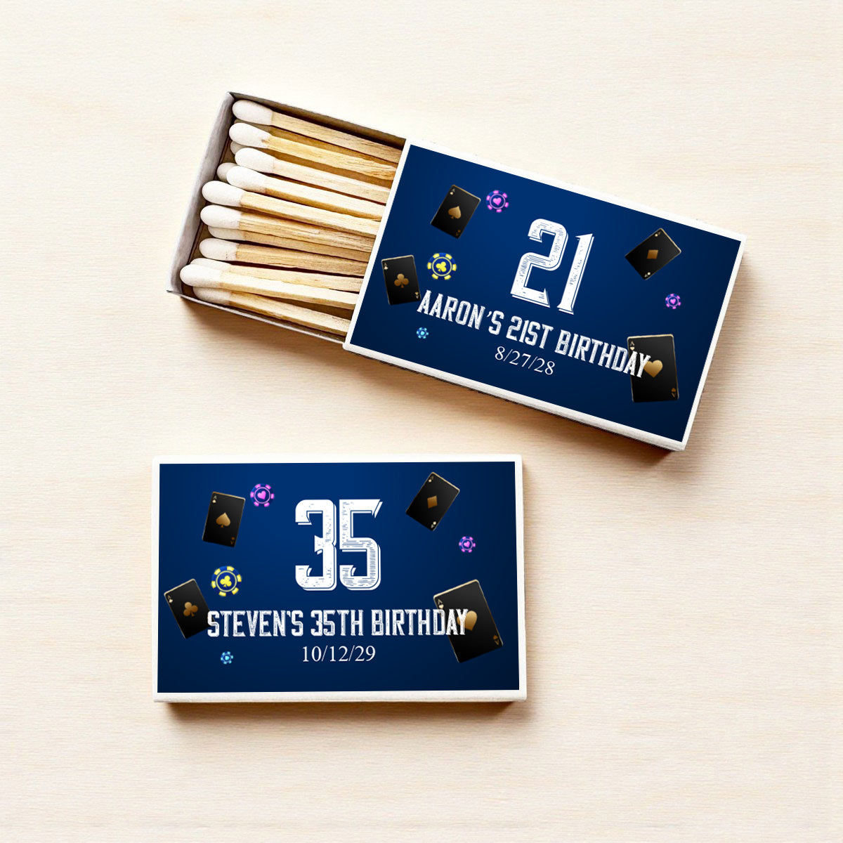 Vegas Playing Cards Birthday Personalized Matches (Set of 50)