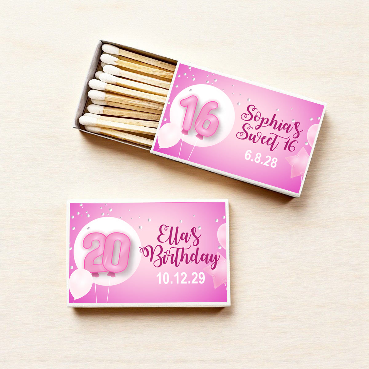 Pink Birthday Party Personalized Matches (Set of 50)