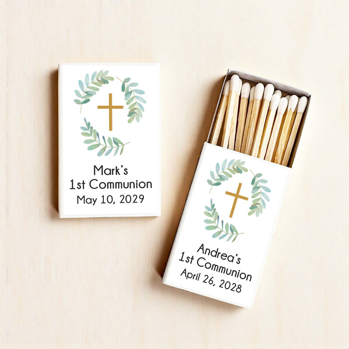 Botanical Greenery First Communion Personalized Matches (Set of 50)