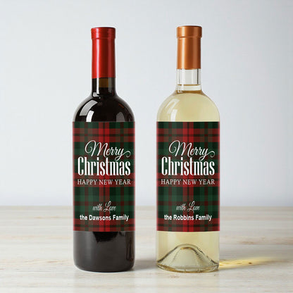 Merry Christmas Gingham Personalized Wine Labels (Set of 12)