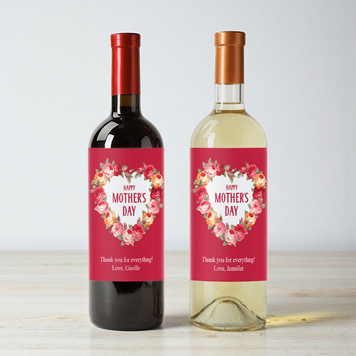 Floral Heart Frame Mother's Day Personalized Wine Labels (Set of 12)
