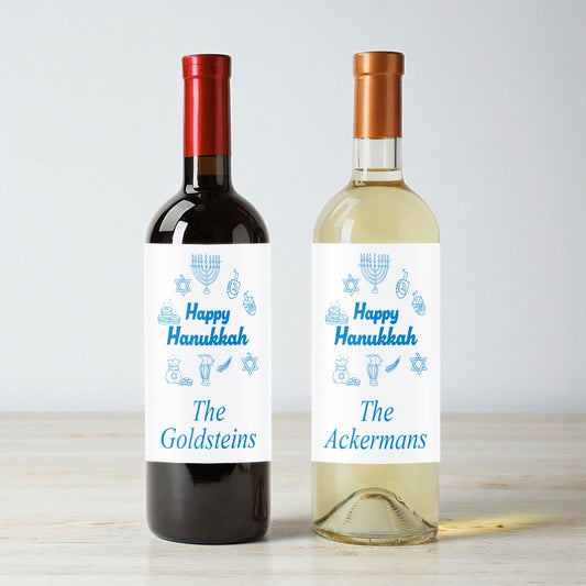 Happy Hanukkah Drawing Personalized Wine Labels (Set of 12)