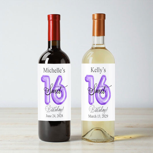 Sweet 16 Birthday Balloon Personalized Wine Labels (Set of 12)