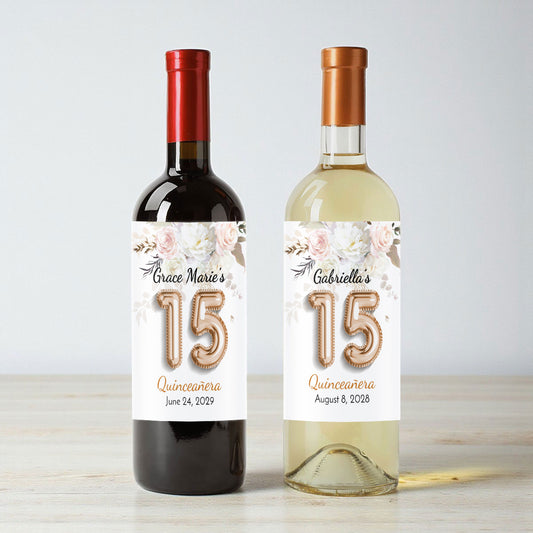 Quinceañera 15th Birthday Balloon Personalized Wine Labels (Set of 12)