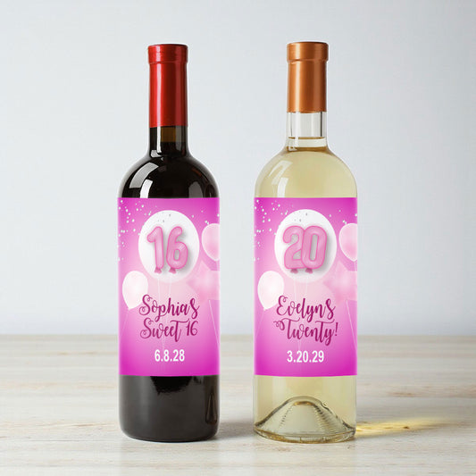 Pink Birthday Party Personalized Wine Labels (Set of 12)