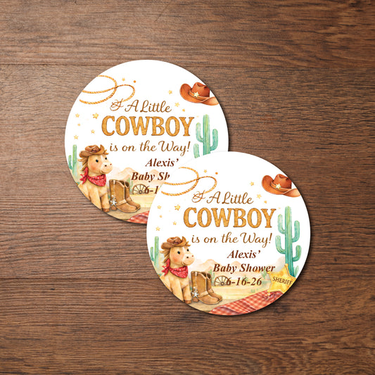 A Little Cowboy is on the Way Wild West Rodeo Personalized Round Labels (Set of 24)