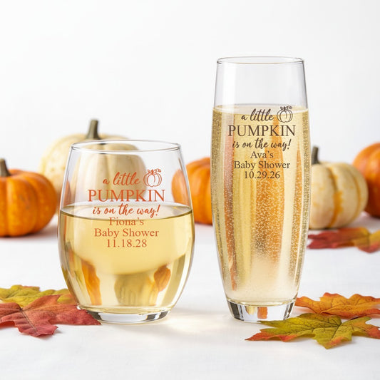 A Little Pumpkin Is On The Way Personalized 9 oz. Stemless Wine Glass (Set of 24)
