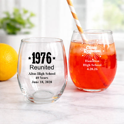 Class Reunion Personalized 9 oz Stemless Wine Glass (Set of 24)