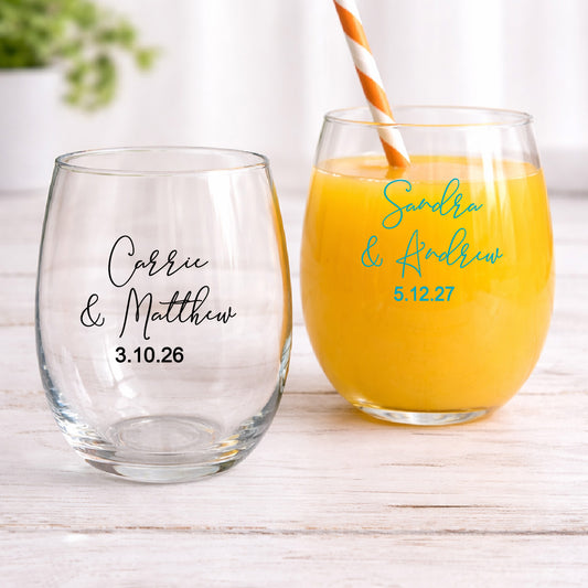 Couple Names Personalized 9 oz. Stemless Wine Glass (Set of 24)