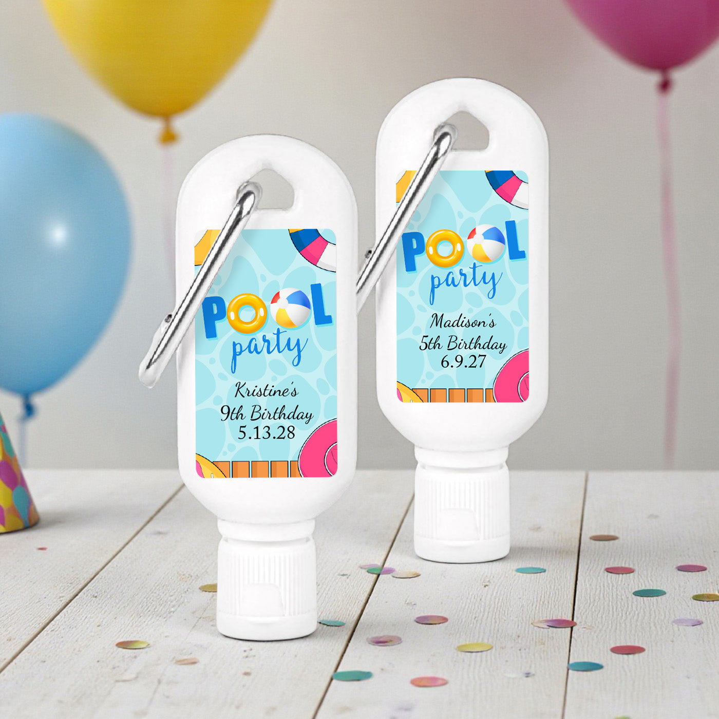 Pool Party Birthday Personalized Sunscreen with Carabiner (Set of 12)