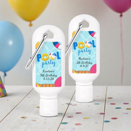 Pool Party Birthday Personalized Sunscreen with Carabiner (Set of 12)