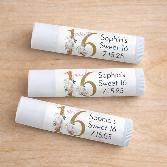 Sweet 16 Birthday Flowers Personalized Lip Balm Favors (Set of 12)