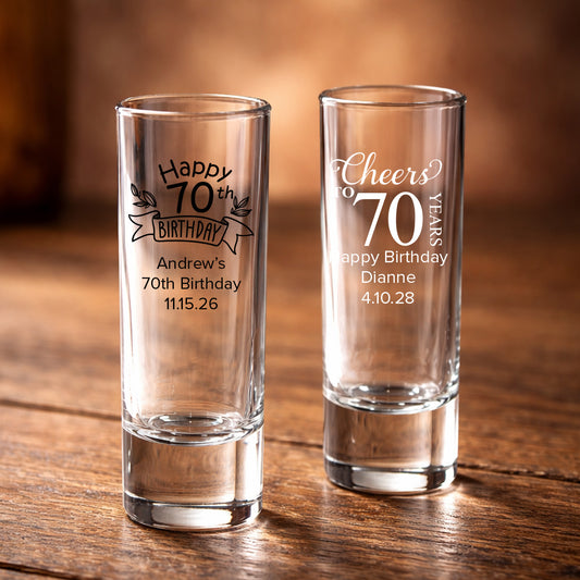 70th Birthday Personalized Tall Shot Glass (Set of 24)