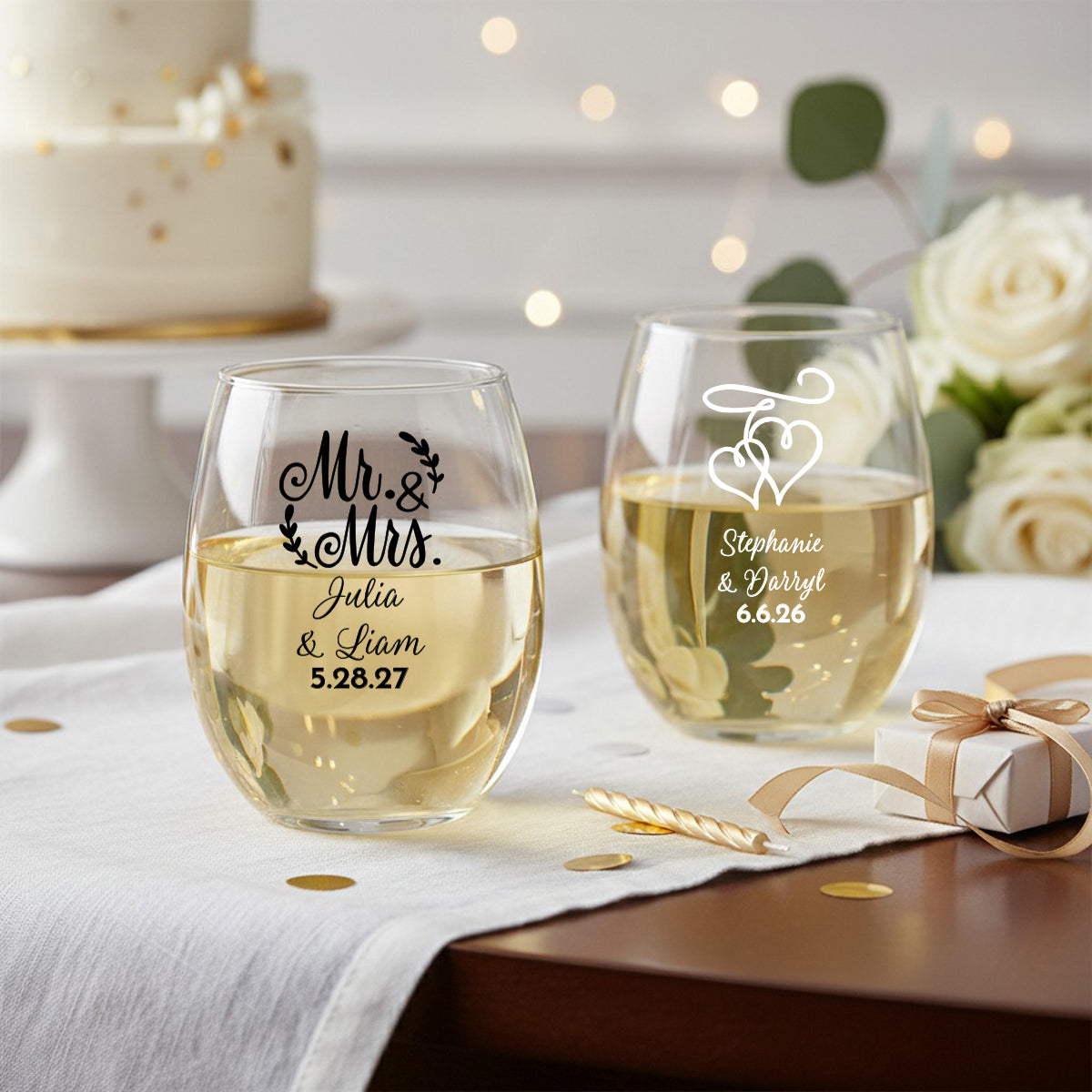 Wedding Personalized 9 oz. Stemless Wine Glass (Set of 24)