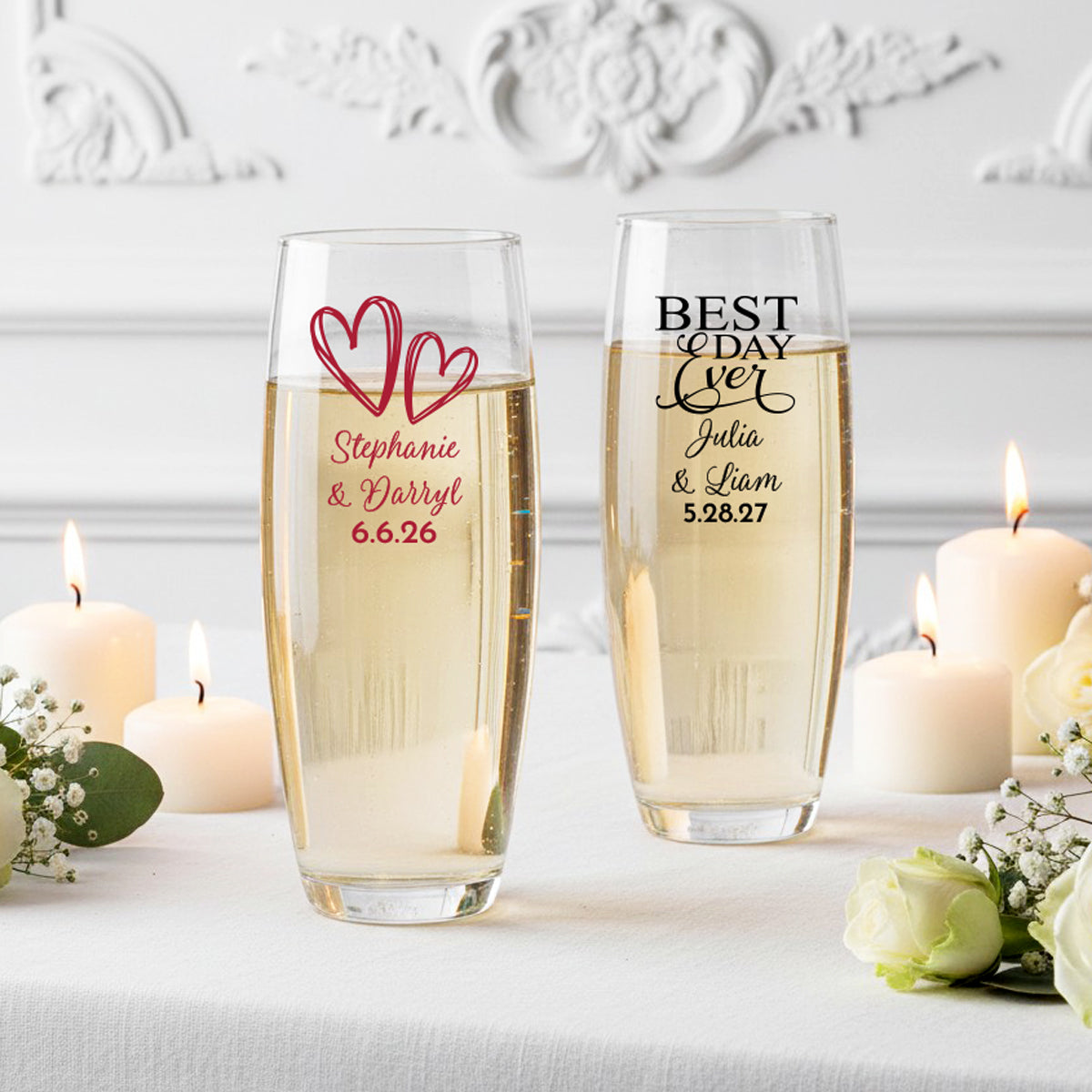 Wedding Personalized 9 oz. Stemless Champagne Glass (Set of 24)