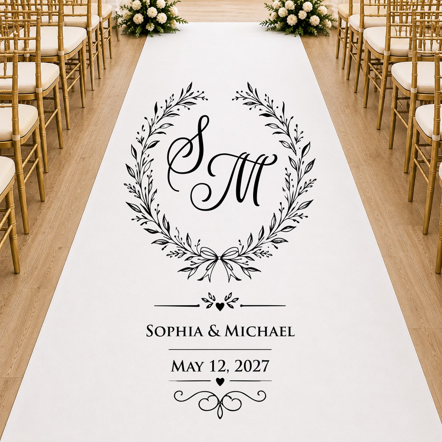 Laurel Wreath Initial Personalized Wedding Aisle Runner